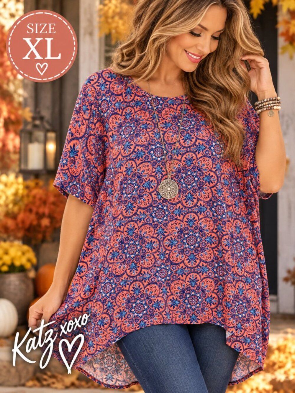 LuLaRoe Irma XL Coral Blue Floral Medallion Tunic High Low Oversized Swing Top